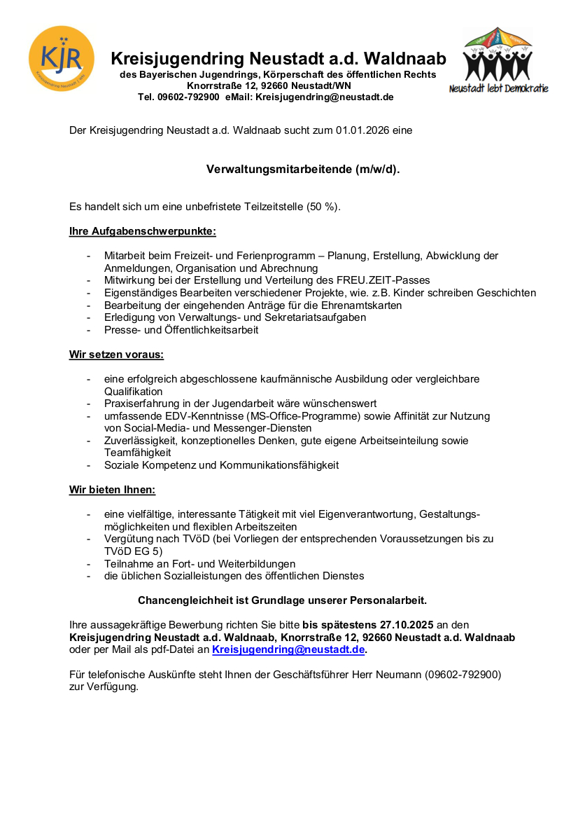 Stellenausschreibung Verwaltungsmitarbeitende